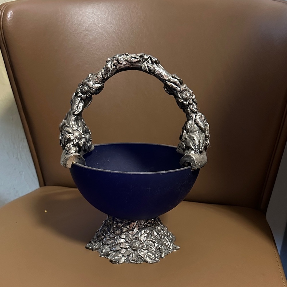 Cobalt Blue Glass Basket Silver Pedestal